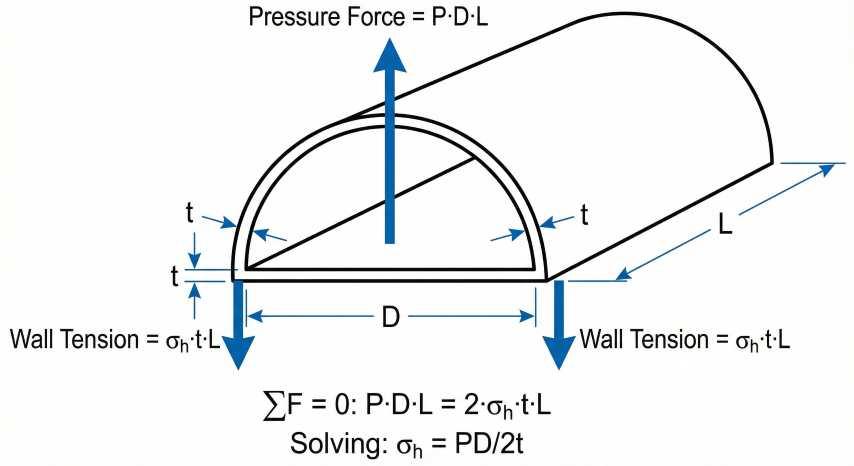 Free body diagram of half-cylinder section showing pressure force P×D×L balanced by wall tension forces σh×t×L on both sides, deriving Barlow's formula