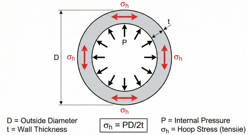 Cross-section of pressurized pipe showing internal pressure P acting radially outward and hoop stress σh acting circumferentially as tensile forces in the pipe wall