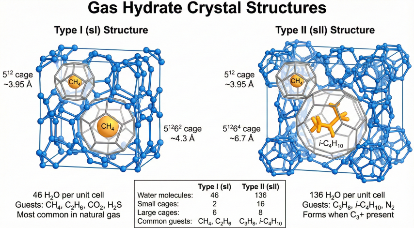 Three-panel diagram showing gas hydrate crystal structures: Structure I (sI) with 5¹² and 5¹²6² cages for CH₄, C₂H₆, CO₂, H₂S; Structure II (sII) with 5¹² and 5¹²6⁴ cages for C₃H₈, i-C₄H₁₀, N₂; Structure H (sH) with small, medium, and large cages for n-C₅+ requiring helper gas