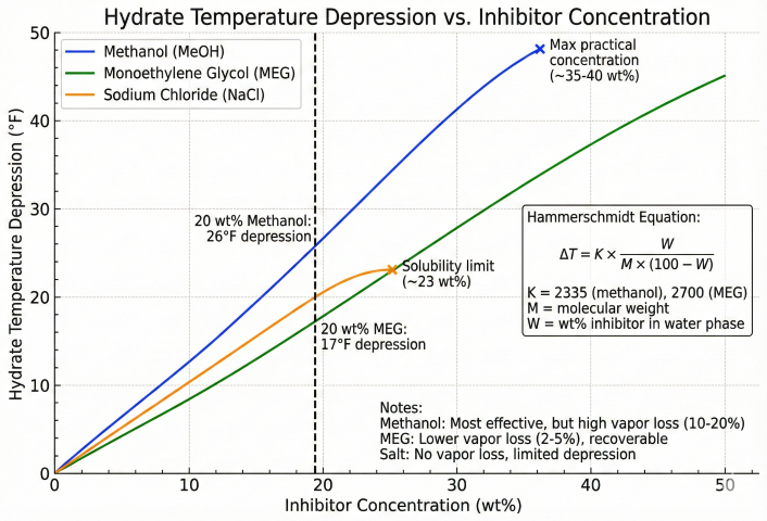 Chart showing hydrate temperature depression vs inhibitor concentration for methanol, MEG, and sodium chloride with Hammerschmidt equation and practical notes on vapor loss and recoverability