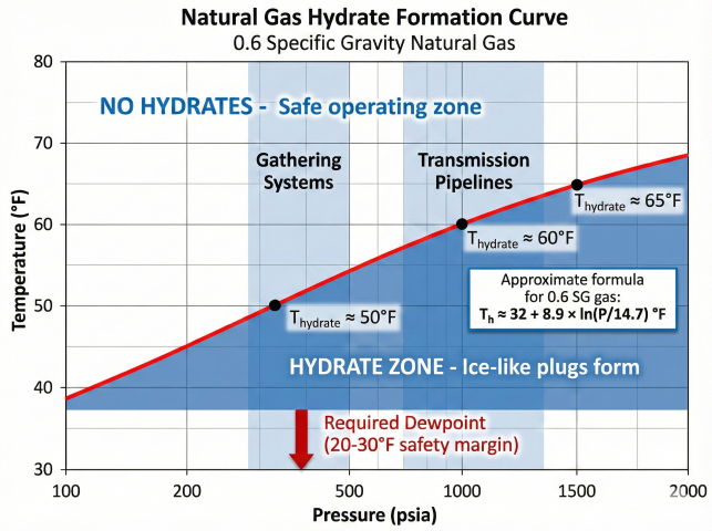 Natural gas hydrate formation curve for 0.6 specific gravity gas showing hydrate zone below curve where ice-like plugs form, safe operating zone above, gathering systems and transmission pipelines operating ranges, and required dewpoint with 20-30°F safety margin
