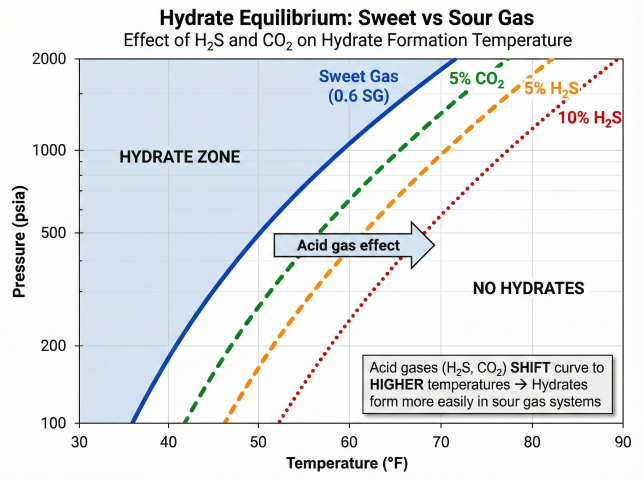 Hydrate P-T equilibrium diagram comparing sweet gas (0.6 SG) with sour gas containing 5% CO₂, 5% H₂S, and 10% H₂S, showing how acid gases shift the hydrate formation curve to higher temperatures, with hydrate zone and no-hydrate regions clearly marked