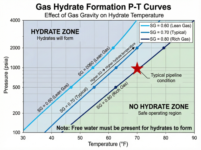 Gas hydrate formation P-T curves showing pressure vs temperature for gas gravities of 0.60, 0.70, and 0.80 with hydrate zone shaded above curves and safe operating region below, including typical pipeline condition marker