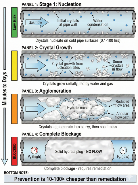 Four-stage diagram showing hydrate plug formation in pipeline: Stage 1 nucleation with initial crystals at pipe wall, Stage 2 crystal growth from nucleation sites, Stage 3 agglomeration with reduced flow area and annular flow path, Stage 4 complete blockage requiring remediation