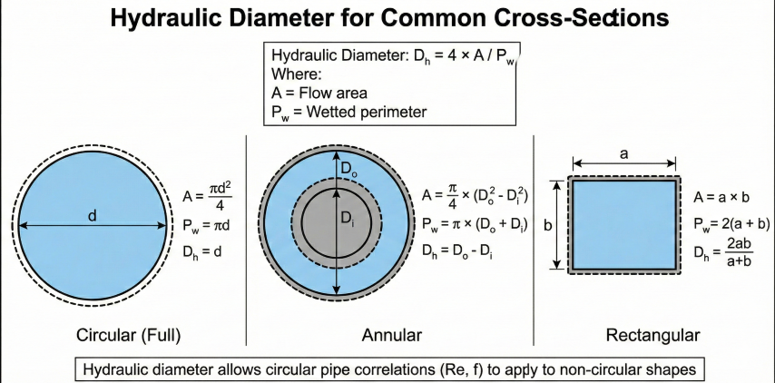 Hydraulic diameter diagram comparing circular, annular, and rectangular cross-sections with formulas for flow area, wetted perimeter, and hydraulic diameter Dh = 4A/Pw for each geometry