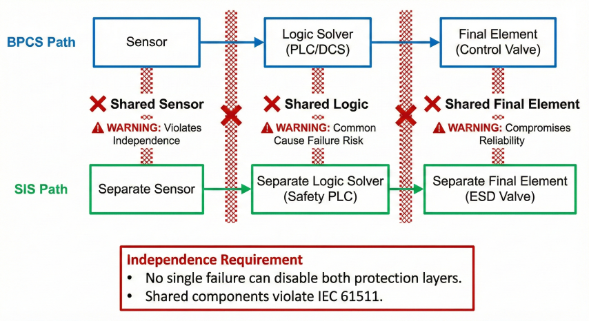 IPL independence diagram showing two parallel protection paths - BPCS path (Sensor→PLC/DCS→Control Valve) and SIS path (Separate Sensor→Safety PLC→ESD Valve) with red X warnings marking shared sensor, shared logic, and shared final element violations, plus annotation box stating no single failure can disable both protection layers per IEC 61511
