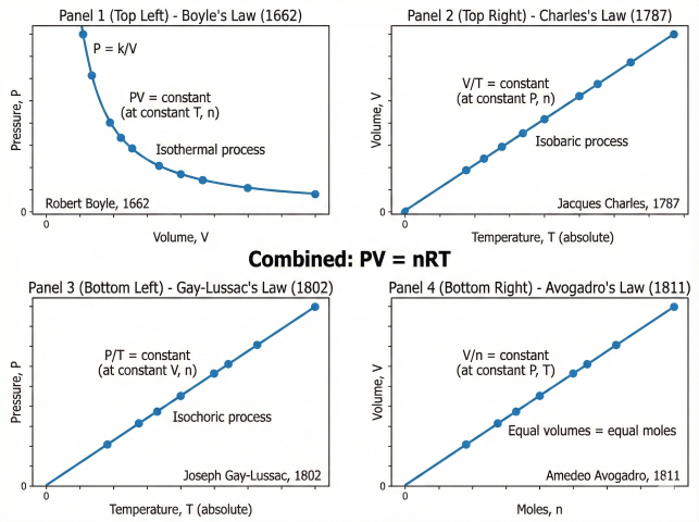Four-panel diagram showing component gas laws: Boyle's Law (1662) P vs V hyperbola, Charles's Law (1787) V vs T linear, Gay-Lussac's Law (1802) P vs T linear, and Avogadro's Law (1811) V vs n linear, combining to PV=nRT