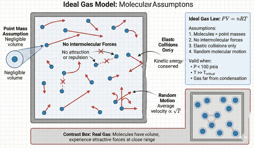 Ideal gas molecular model showing point mass assumption with negligible volume, no intermolecular forces, elastic collisions only, and random molecular motion with PV=nRT equation and validity conditions listed