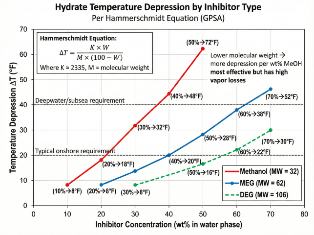 Hydrate temperature depression chart per Hammerschmidt equation showing curves for methanol (MW=32), MEG (MW=62), and DEG (MW=106), with typical onshore requirement at 20°F and deepwater/subsea requirement at 40°F depression