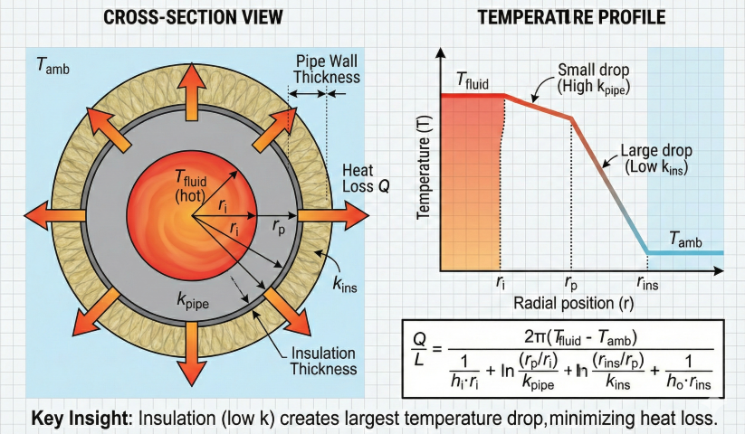 Cross-section of insulated pipeline showing concentric layers from fluid core through pipe wall and insulation to ambient, with temperature profile showing largest drop through low-k insulation