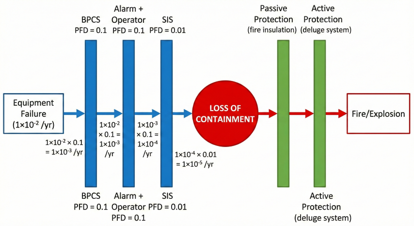 LOPA bow-tie diagram showing equipment failure initiating event (1×10⁻² /yr) on left, passing through three prevention IPL barriers (BPCS PFD=0.1, Alarm+Operator PFD=0.1, SIS PFD=0.01) reducing frequency to 1×10⁻⁵ /yr at central Loss of Containment event, then mitigation barriers (Passive Protection, Active Protection) on right leading to Fire/Explosion consequence