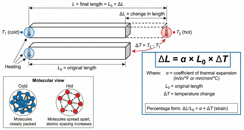 Bar diagram showing linear thermal expansion with original length L₀, change in length ΔL, temperature change ΔT, molecular view inset, and formula ΔL = α × L₀ × ΔT