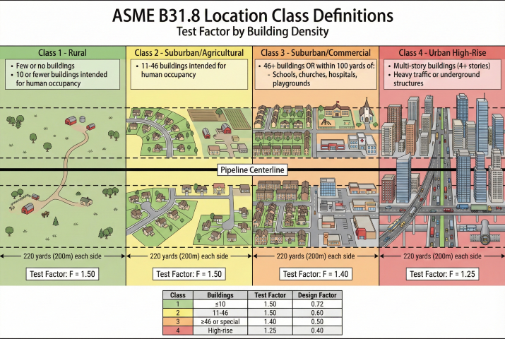 ASME B31.8 location class definitions showing Class 1 rural through Class 4 urban high-rise based on building density within 220 yards of pipeline with corresponding test factors