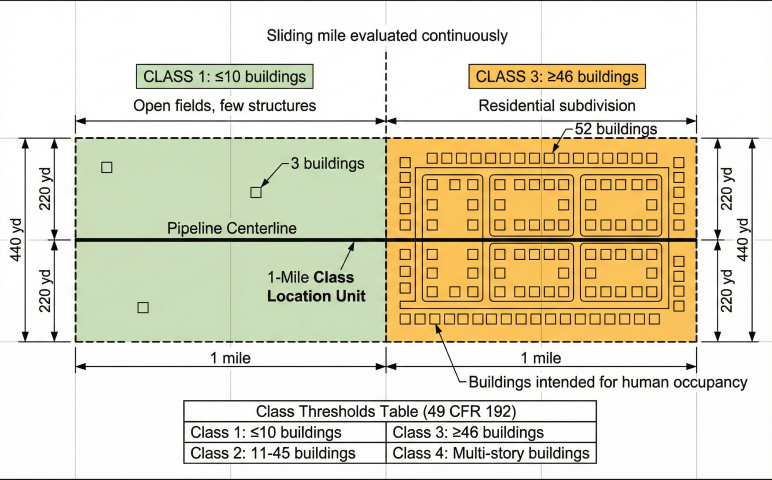 Aerial view diagram showing pipeline location class determination method with 1-mile by 440-yard sliding window, comparing Class 1 rural (≤10 buildings) versus Class 3 suburban (≥46 buildings) examples