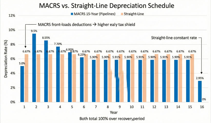 Bar chart comparing 15-year MACRS depreciation schedule for pipelines versus straight-line method, showing MACRS front-loads deductions with higher early year rates declining over time while straight-line maintains constant 6.67% annual rate