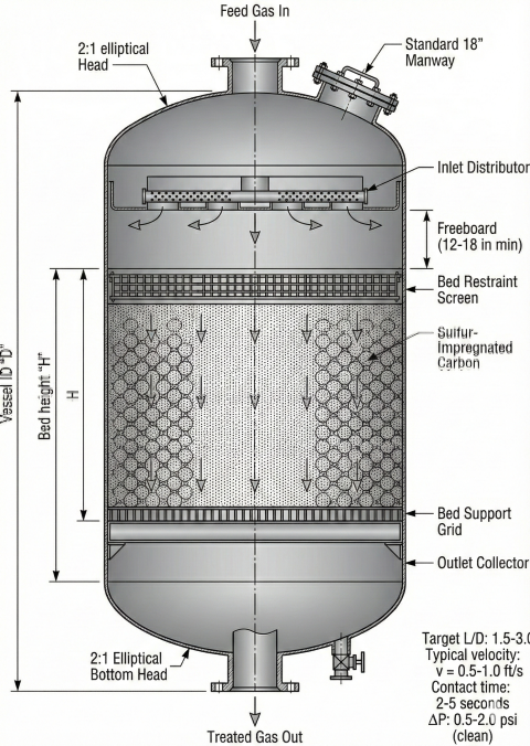 Cross-section of mercury removal vessel showing inlet distributor, freeboard, bed restraint screen, sulfur-impregnated carbon bed, support grid, and outlet collector with design parameters