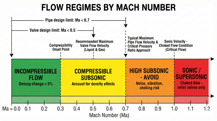 Horizontal bar diagram showing flow regimes by Mach number from 0 to 1.2 with zones for incompressible, compressible subsonic, high subsonic (avoid), and sonic/supersonic flow