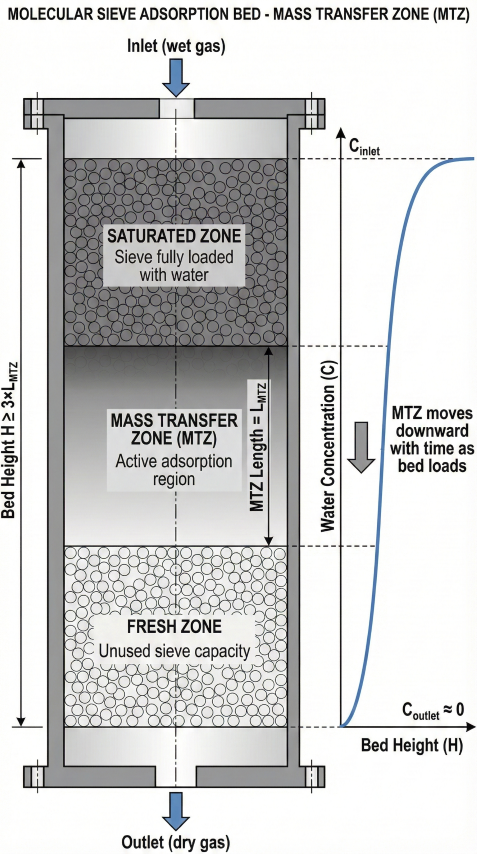 Vertical cross-section of molecular sieve bed showing saturated zone, mass transfer zone (MTZ), and fresh zone with concentration profile S-curve