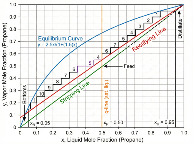 Complete McCabe-Thiele diagram for propane/butane separation showing equilibrium curve (α=2.5), rectifying and stripping operating lines, vertical q-line at feed composition 0.50, and 10 stepped-off theoretical stages with feed at stage 5