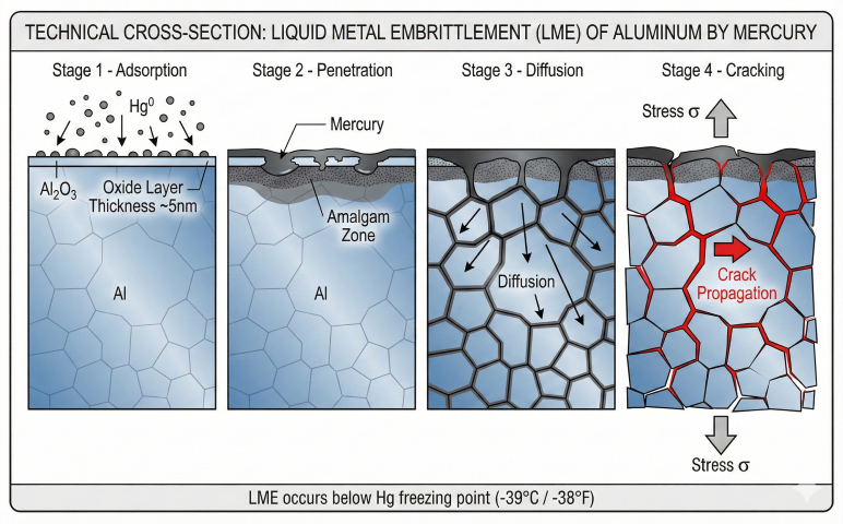 Four-stage diagram of liquid metal embrittlement showing mercury adsorption on aluminum oxide layer, penetration forming amalgam zone, diffusion along grain boundaries, and crack propagation under stress