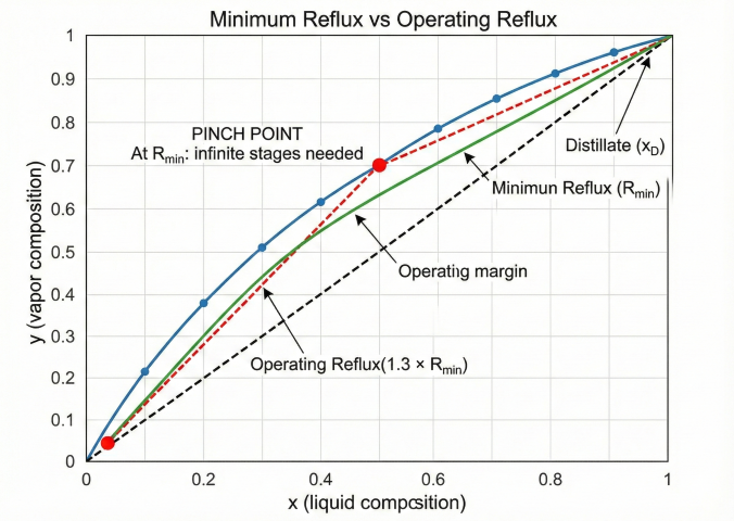 Minimum reflux vs operating reflux comparison showing pinch point where R_min operating line touches equilibrium curve, and steeper operating reflux line (1.3 × R_min) with operating margin gap