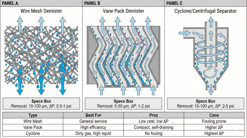 Three-panel comparison of mist eliminator types: Panel A shows wire mesh demister with random wire structure capturing droplets (10-100 μm, 0.5-1 psi), Panel B shows vane pack demister with corrugated plates and drainage (5-50 μm, 1-2 psi), Panel C shows cyclone separator with swirling flow (10-100 μm, 2-5 psi), plus comparison table