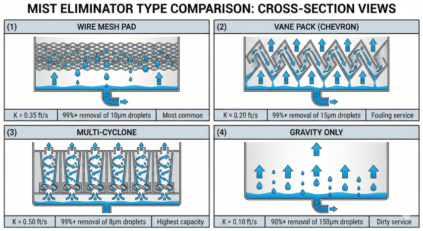 Four-panel comparison of mist eliminator types: wire mesh pad (K=0.35), vane pack (K=0.20), multi-cyclone (K=0.50), and gravity-only (K=0.10) with removal efficiencies