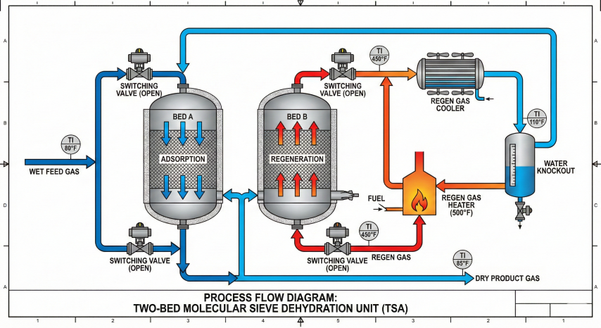 Process flow diagram of two-bed molecular sieve TSA system showing adsorption and regeneration cycles with heater, cooler, water knockout, and switching valves