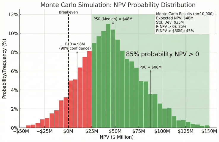 Monte Carlo simulation NPV probability distribution histogram showing 10,000 iterations with P10 at $8M, P50 median at $48M, P90 at $88M, breakeven line at zero, 85% probability of positive NPV highlighted, and statistics box showing expected NPV and standard deviation