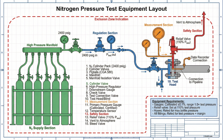 Detailed nitrogen pressure test equipment layout showing N2 cylinder pack, high-pressure manifold, regulator, test head connection, measurement section with calibrated gauges, and safety section with relief valve