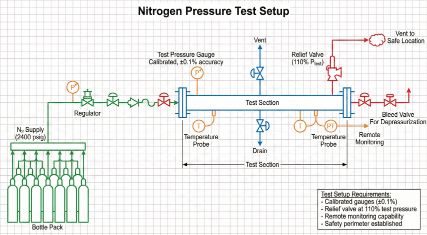 Nitrogen pressure test setup schematic showing pipeline test section with N2 bottle pack, regulator, test pressure gauge, temperature probes, relief valve, and vent to safe location