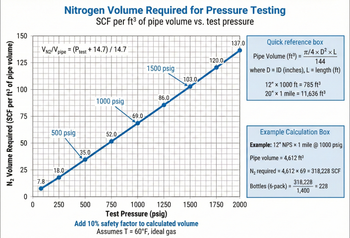 Chart showing nitrogen volume required for pressure testing in SCF per cubic foot of pipe volume versus test pressure from 100 to 2000 psig with example calculation