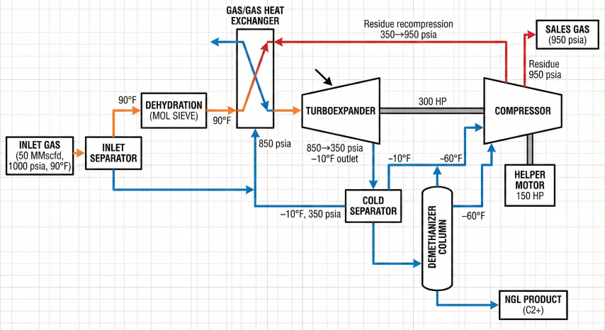 Block flow diagram of turboexpander NGL recovery plant showing inlet separation, dehydration, gas-gas heat exchange, expander-compressor integration, cold separator, demethanizer, and residue gas recompression