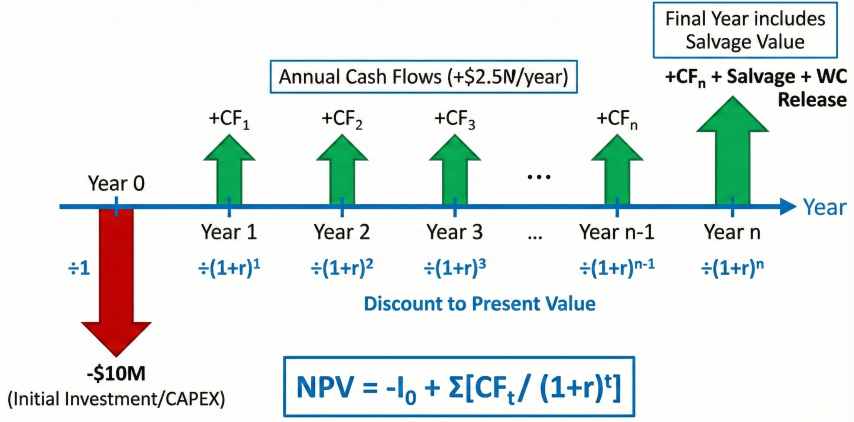 NPV cash flow timeline diagram showing Year 0 initial investment as downward arrow, Years 1-n positive cash flows as upward arrows, discount factors beneath each period, and final year including salvage value and working capital release with NPV formula