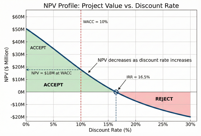 NPV profile chart showing NPV versus discount rate curve, IRR at x-axis crossing point (16.5%), WACC marked at 10%, accept region shaded green where NPV is positive, reject region shaded red where NPV is negative