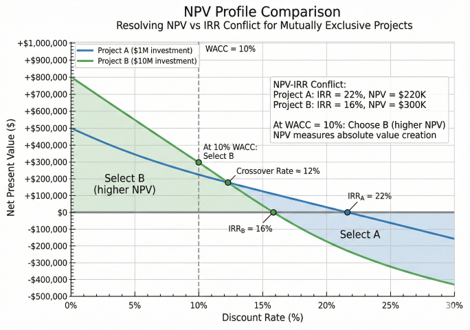 NPV profile comparison chart showing two projects with different investment scales crossing at approximately 12% discount rate, demonstrating NPV-IRR conflict resolution where Project B with higher NPV should be selected at 10% WACC despite lower IRR