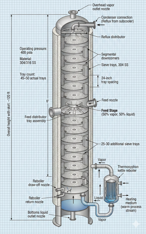 NRU distillation column cross-section cutaway showing 45-50 sieve trays with 24-inch spacing, segmental downcomers, feed stage at mid-column with distributor, overhead vapor outlet to condenser, reflux distributor, thermosyphon kettle reboiler connection at bottom, 304/316 SS construction, 120 ft overall height with skirt