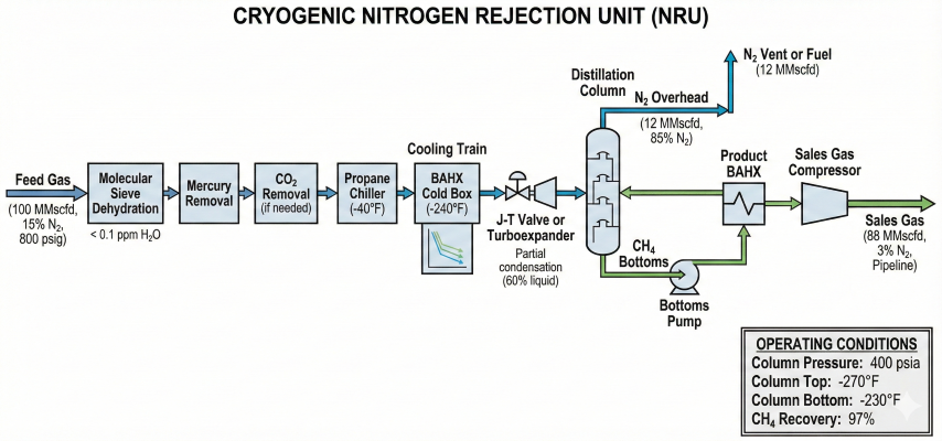 Cryogenic nitrogen rejection unit block flow diagram: feed gas 100 MMscfd at 15% N₂ through molecular sieve dehydration, mercury removal, propane chiller, BAHX cold box to -240°F, J-T valve, distillation column producing N₂ overhead vent and 88 MMscfd sales gas at 3% N₂. Column operates at ~35 psia after JT letdown, 97% CH₄ recovery