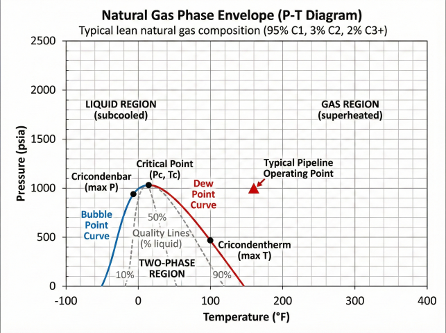 Natural gas phase envelope P-T diagram showing bubble point curve, dew point curve, critical point, cricondenbar (max pressure), cricondentherm (max temperature), quality lines at 10%, 50%, 90% liquid, two-phase region inside envelope, and typical pipeline operating point in gas region