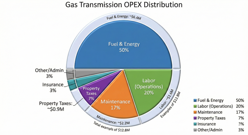 Gas transmission OPEX distribution pie chart showing Fuel and Energy at 50% ($6.4M), Labor Operations at 20% ($2.6M), Maintenance at 17% ($2.2M), Property Taxes at 7% ($0.9M), Insurance at 3%, and Other/Admin at 3%, with total example of $12.8M