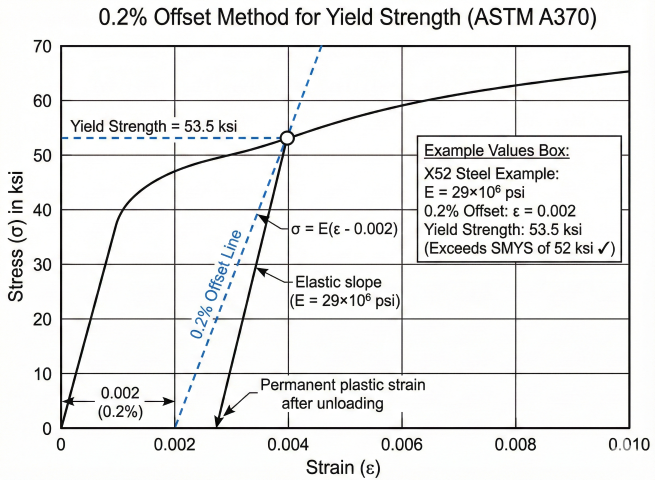0.2% offset yield strength determination method per ASTM A370 showing stress-strain curve with parallel offset line starting at 0.002 strain, elastic slope E=29×10^6 psi, intersection point defining yield strength at 53.5 ksi for X52 steel example