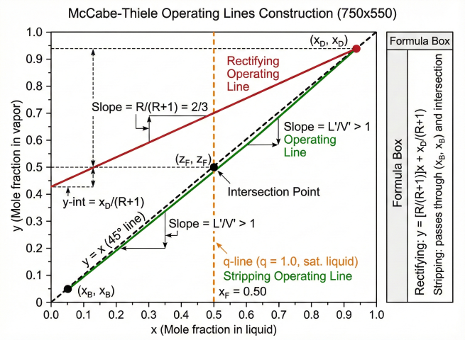 McCabe-Thiele operating lines construction showing rectifying line from (x_D, x_D) with slope R/(R+1)=2/3, stripping line from (x_B, x_B), vertical q-line at x_F=0.50, and intersection point with formula box