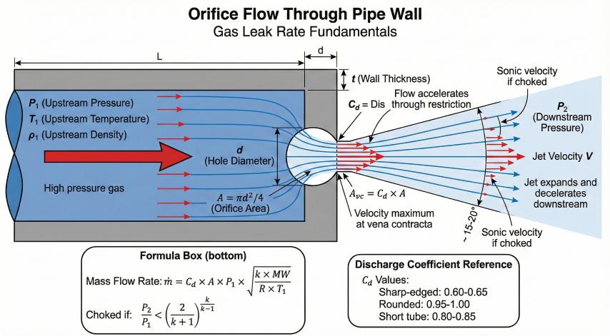 Orifice flow schematic cross-section showing high pressure gas with upstream conditions P1, T1, rho flowing through hole diameter d, vena contracta at maximum velocity, jet expansion downstream, with mass flow rate equation and discharge coefficient reference values