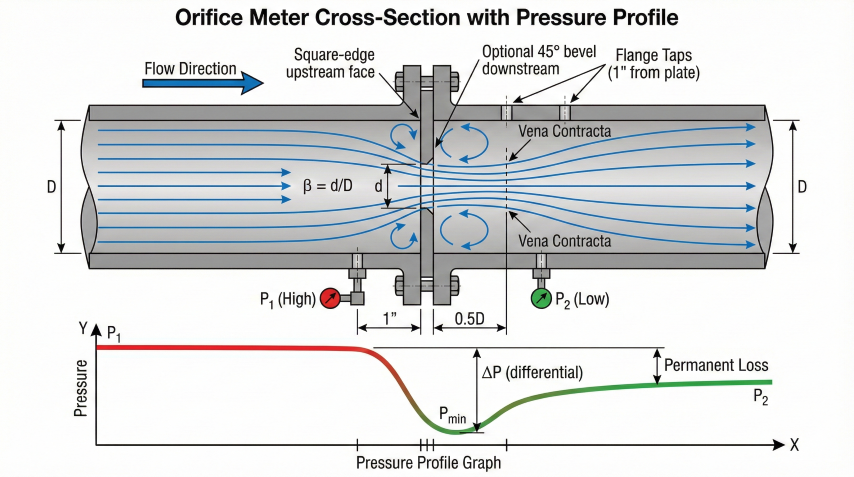 Orifice meter cross-section showing pipe diameter D, orifice bore d, beta ratio β=d/D, square-edge upstream face, optional 45° bevel downstream, vena contracta location, flange taps at 1 inch from plate with P₁ high and P₂ low, plus pressure profile graph showing differential pressure and permanent loss