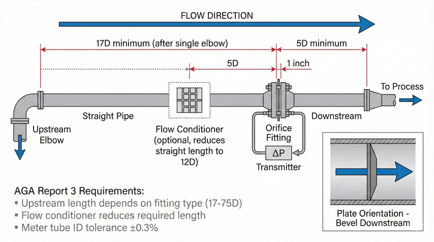 Orifice meter installation diagram showing upstream elbow, 17D minimum straight pipe after single elbow, optional flow conditioner at 5D reducing straight length to 12D, orifice fitting with ΔP transmitter, 5D minimum downstream, and inset showing plate orientation with bevel downstream per AGA Report 3 requirements