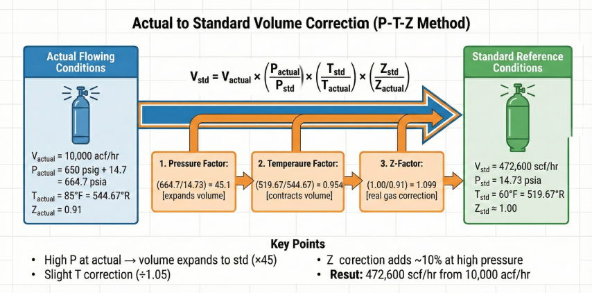 P-T-Z correction diagram showing conversion from actual flowing conditions (10,000 acf/hr at 664.7 psia, 544.67°R, Z=0.91) to standard conditions (472,600 scf/hr at 14.73 psia, 519.67°R, Z=1.0) with pressure factor ×45, temperature factor ×0.95, and Z-factor ×1.10