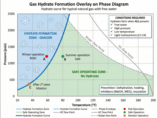 Gas hydrate formation overlay on phase diagram showing hydrate formation curve, hydrate danger zone (high pressure, low temperature), safe operating zone, water dew point line, operating points for winter (risk), summer (safe), and after JT valve (monitor), with conditions required and prevention methods