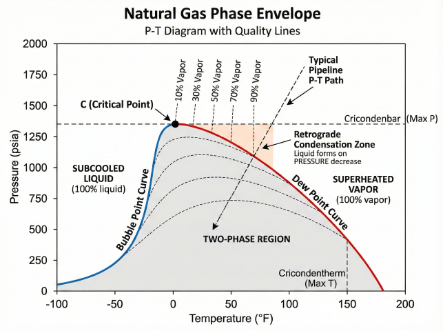 Natural gas phase envelope P-T diagram showing bubble point curve, dew point curve, critical point C, two-phase region with quality lines at 10%, 30%, 50%, 70%, 90% vapor, cricondenbar (max P), cricondentherm (max T), retrograde condensation zone, and typical pipeline P-T path