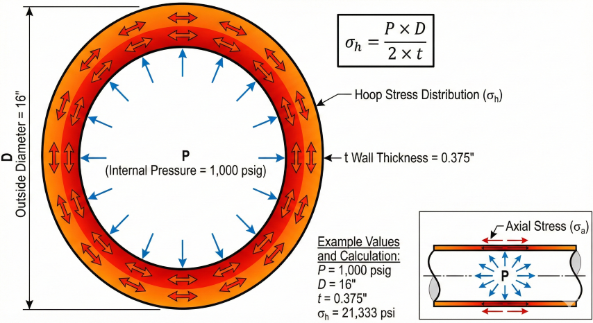 Pipe cross-section diagram showing hoop stress distribution with 16-inch diameter and 0.375-inch wall thickness, internal pressure of 1,000 psig creating circumferential tensile stress, formula σh = PD/2t with example calculation yielding 21,333 psi, and small inset showing axial stress direction