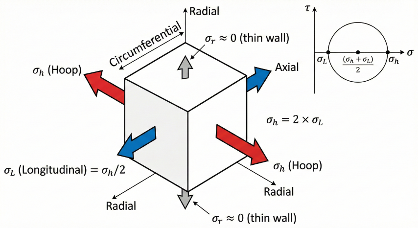 3D stress element from pipe wall showing hoop stress σh acting circumferentially, longitudinal stress σL acting axially with σh = 2×σL relationship, and Mohr's circle inset